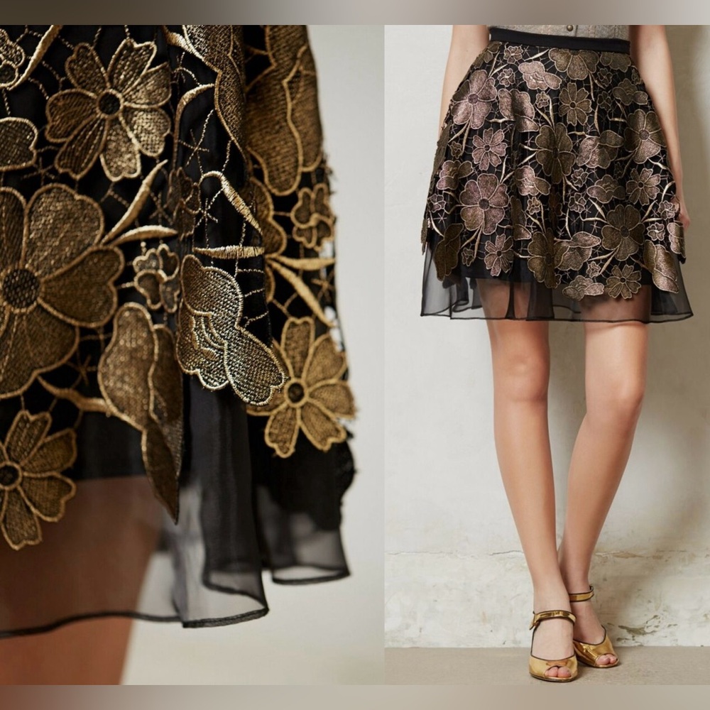 Anthropologie Eva Franco Gilt Bouquet Skirt Black Gold Lace